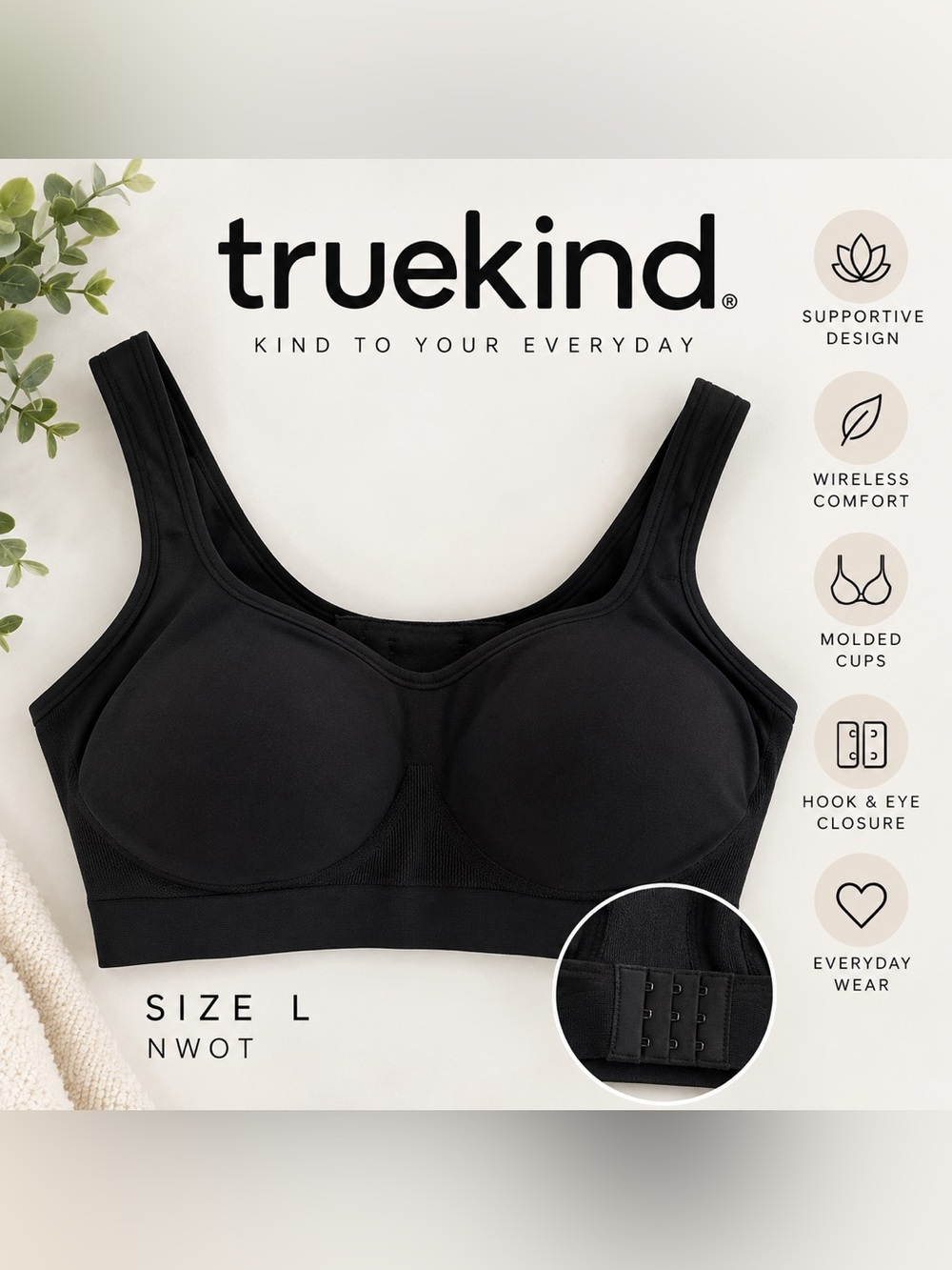 Truekind Black Seamless Bra L NWOT Supportive Molded Cups Wireless Activewear